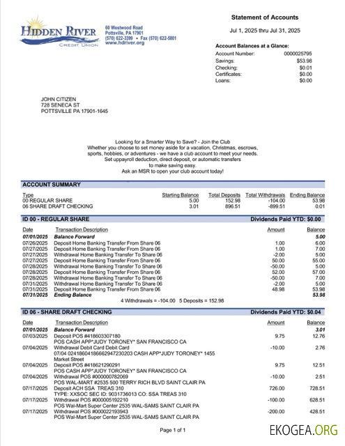 États Unis Pennsylvanie Hidden River Credit Union relevé de compte Modèle Word et PDF